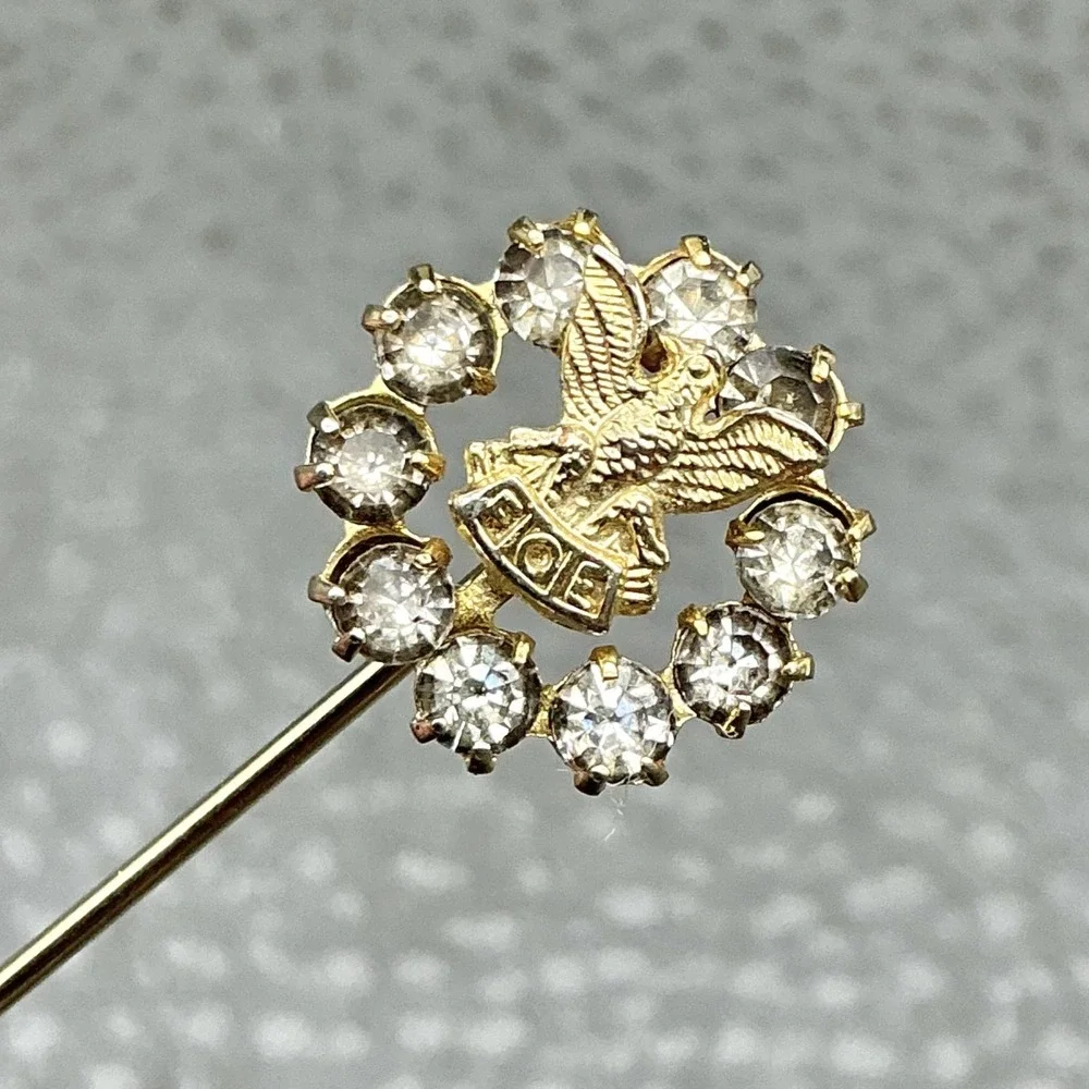 Vintage FOE Fraternal Order of Eagles Rhinestone‎ Gold Tone Stick Pin 2.5 Inch